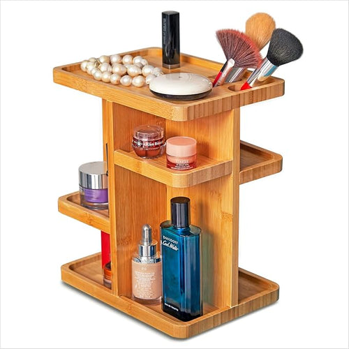 360° Rotating Bamboo Makeup Organizer | Wooden Cosmetic Storage Stand for Vanity