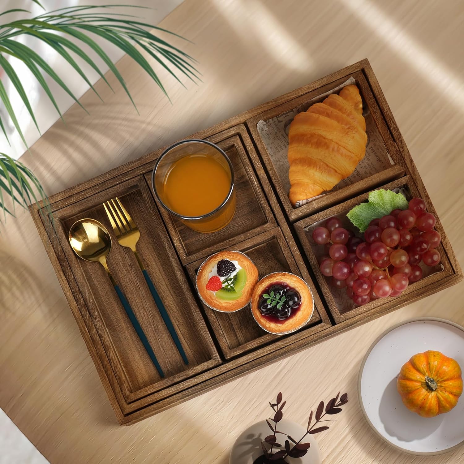 Wooden Serving Trays – 7 Piece Rustic Nesting Tray Set with Handles | Rectangular Decorative Food & Coffee Table Trays