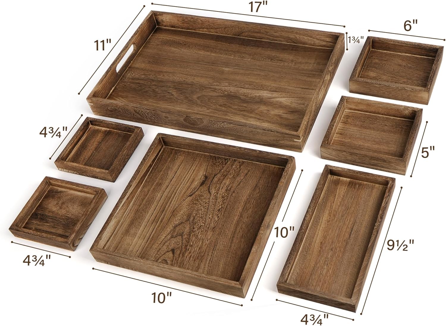 Wooden Serving Trays – 7 Piece Rustic Nesting Tray Set with Handles | Rectangular Decorative Food & Coffee Table Trays