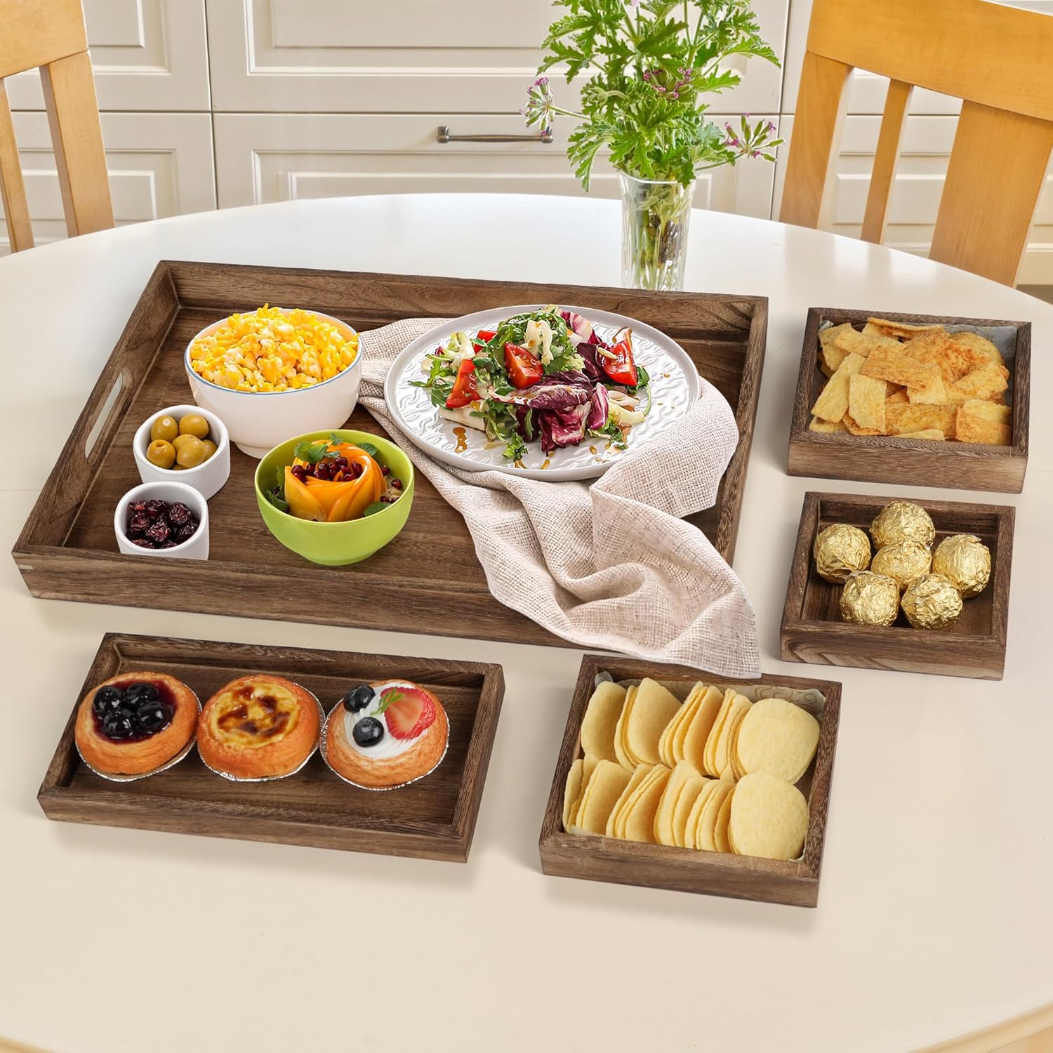 Wooden Serving Trays – 7 Piece Rustic Nesting Tray Set with Handles | Rectangular Decorative Food & Coffee Table Trays