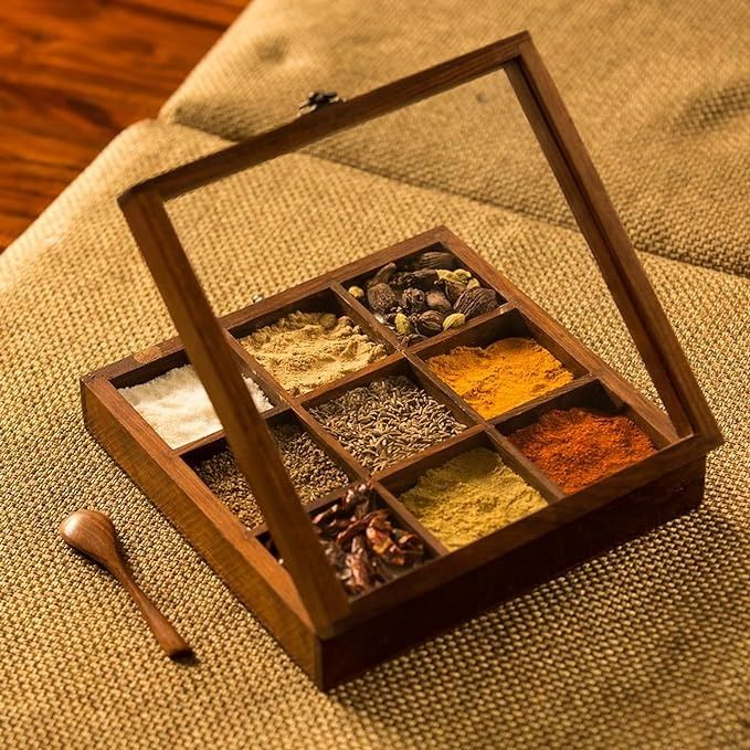 Premium Wooden Spice Box with Spoon | Handcrafted Masala Box for Kitchen