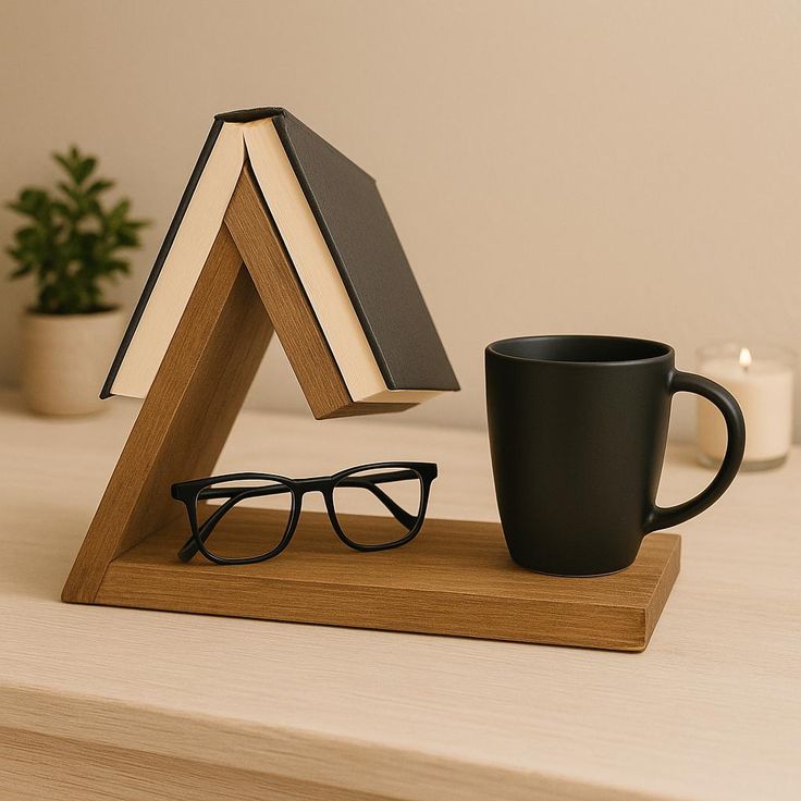 Wooden Bedside Book Stand | Minimal Nightstand Organizer for Books, Glasses & Mug