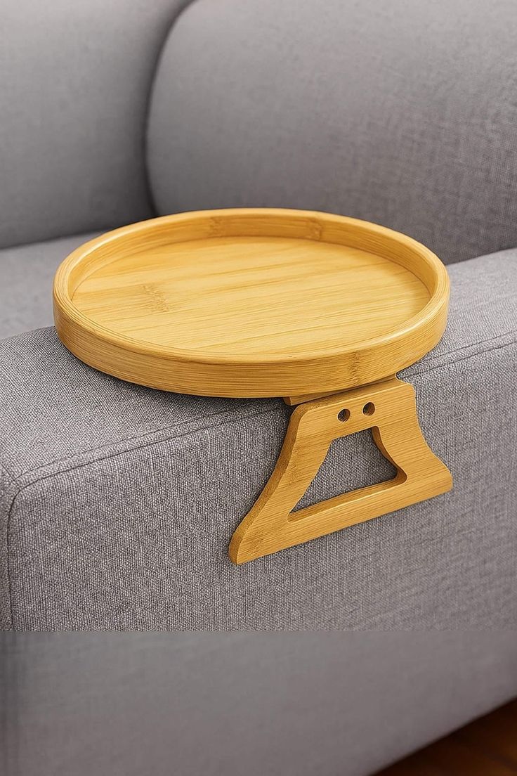 Round Wooden Sofa Tray Table – Couch Armrest Organizer for Drinks, Snacks & Remote | Foldable Wood Sofa Table