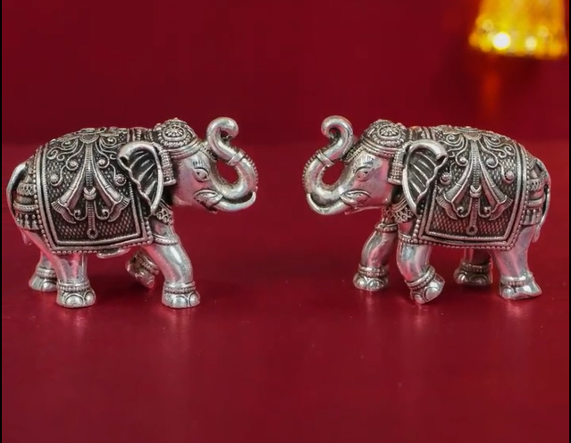 Pair of Silver Elephant Showpiece | Handcrafted Lucky Elephant Figurines for Home Décor, Vastu & Valentine Gift