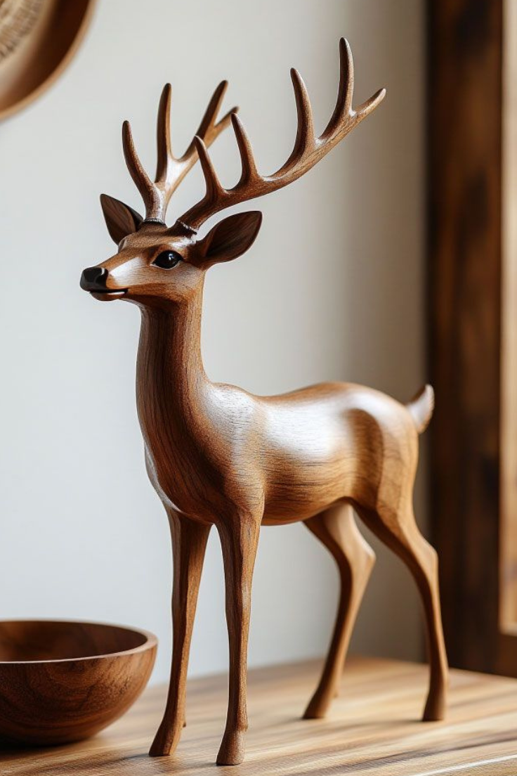 Handcrafted Wooden Deer Sculpture | Premium Natural Wood Décor Showpiece