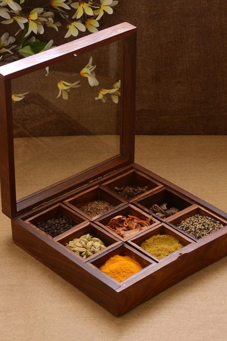 Premium Wooden Spice Box with Spoon | Handcrafted Masala Box for Kitchen