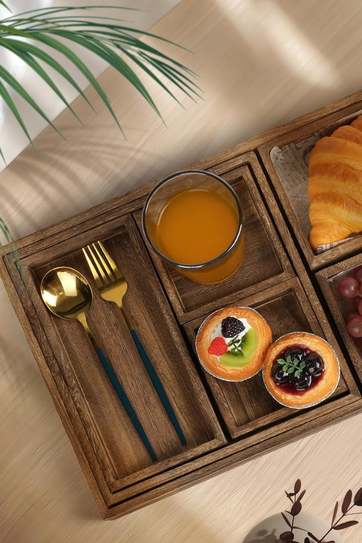 Wooden Serving Trays – 7 Piece Rustic Nesting Tray Set with Handles | Rectangular Decorative Food & Coffee Table Trays