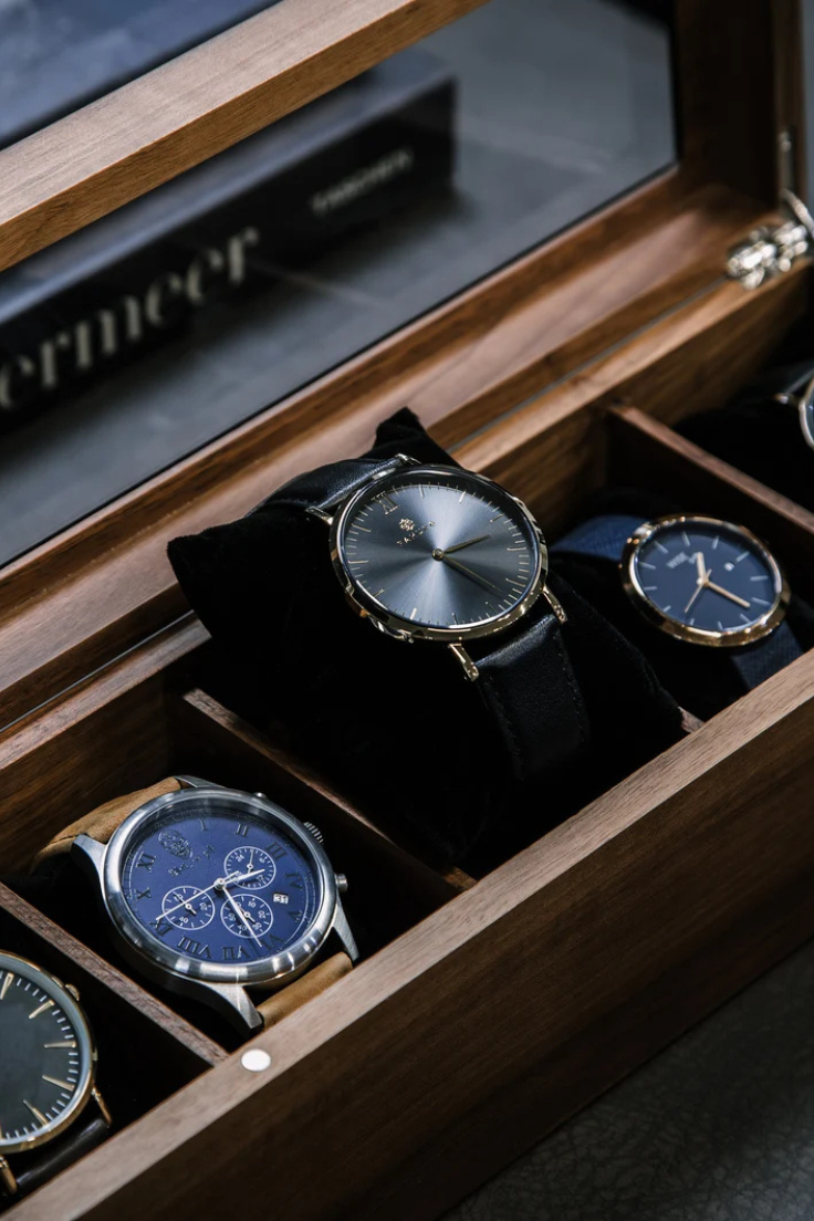 Wide Walnut Wood Watch Box (D5) | Modern Men’s Watch Organizer Gift