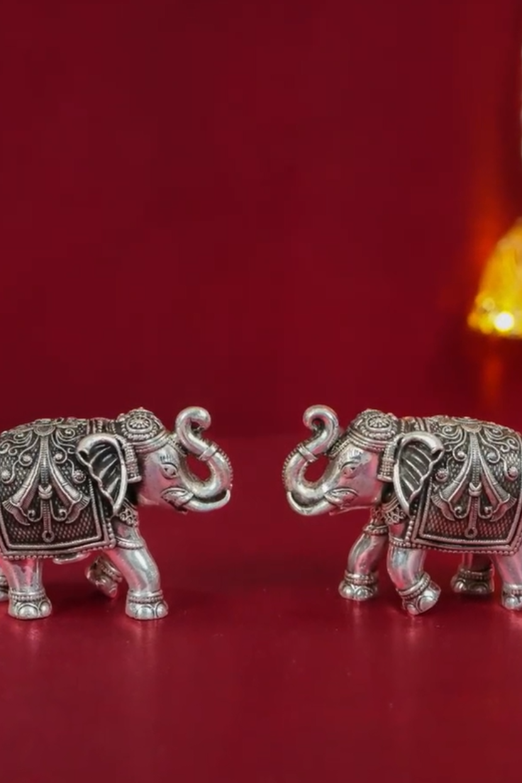 Pair of Silver Elephant Showpiece | Handcrafted Lucky Elephant Figurines for Home Décor, Vastu & Valentine Gift