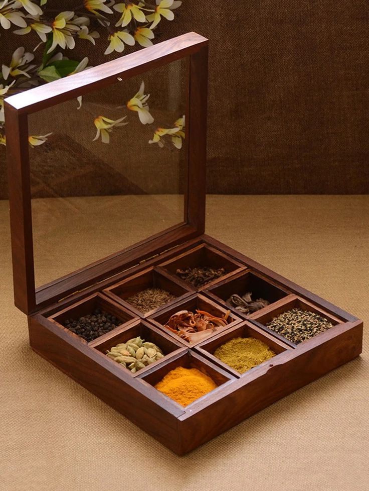 Premium Wooden Spice Box with Spoon | Handcrafted Masala Box for Kitchen