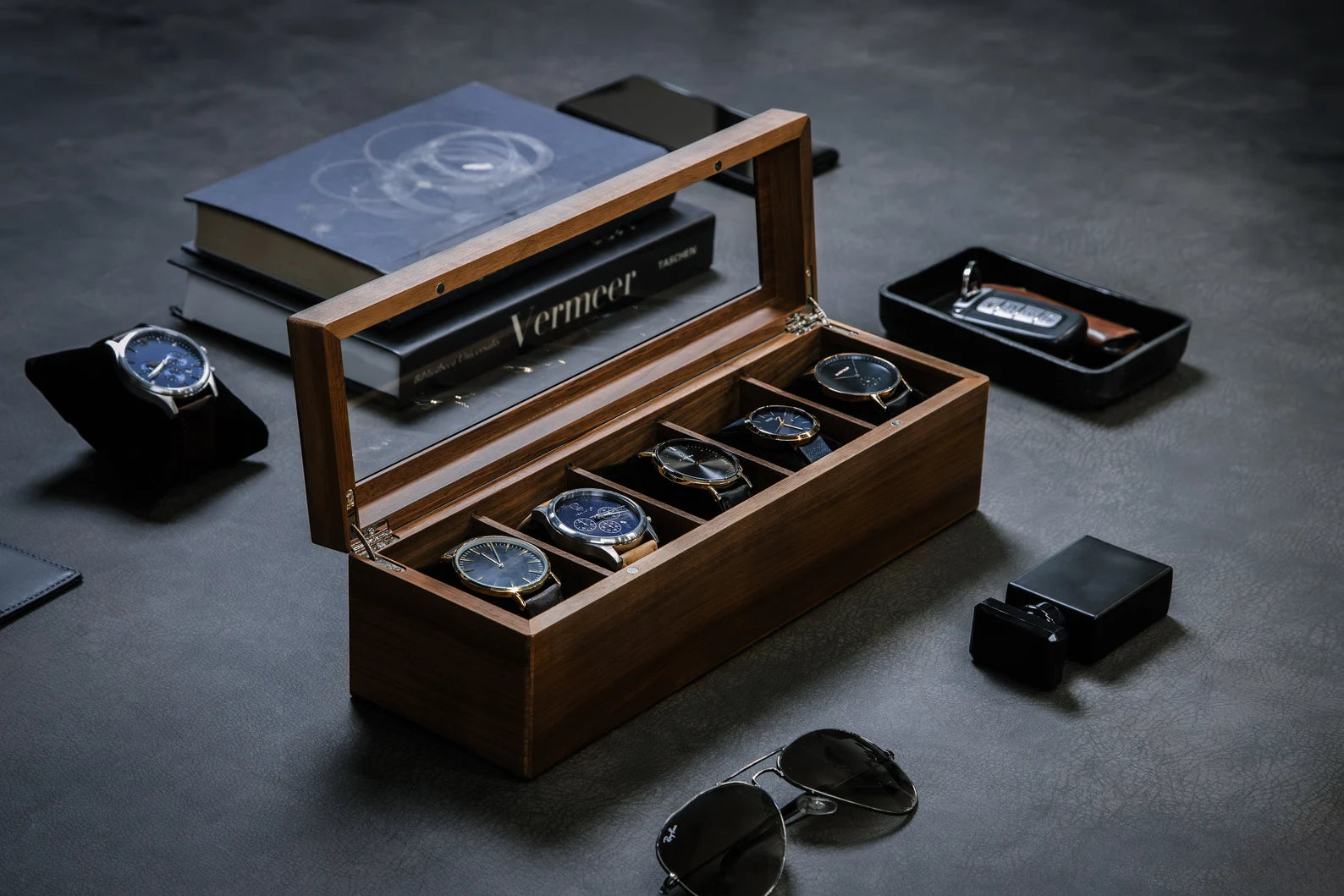 Wide Walnut Wood Watch Box (D5) | Modern Men’s Watch Organizer Gift