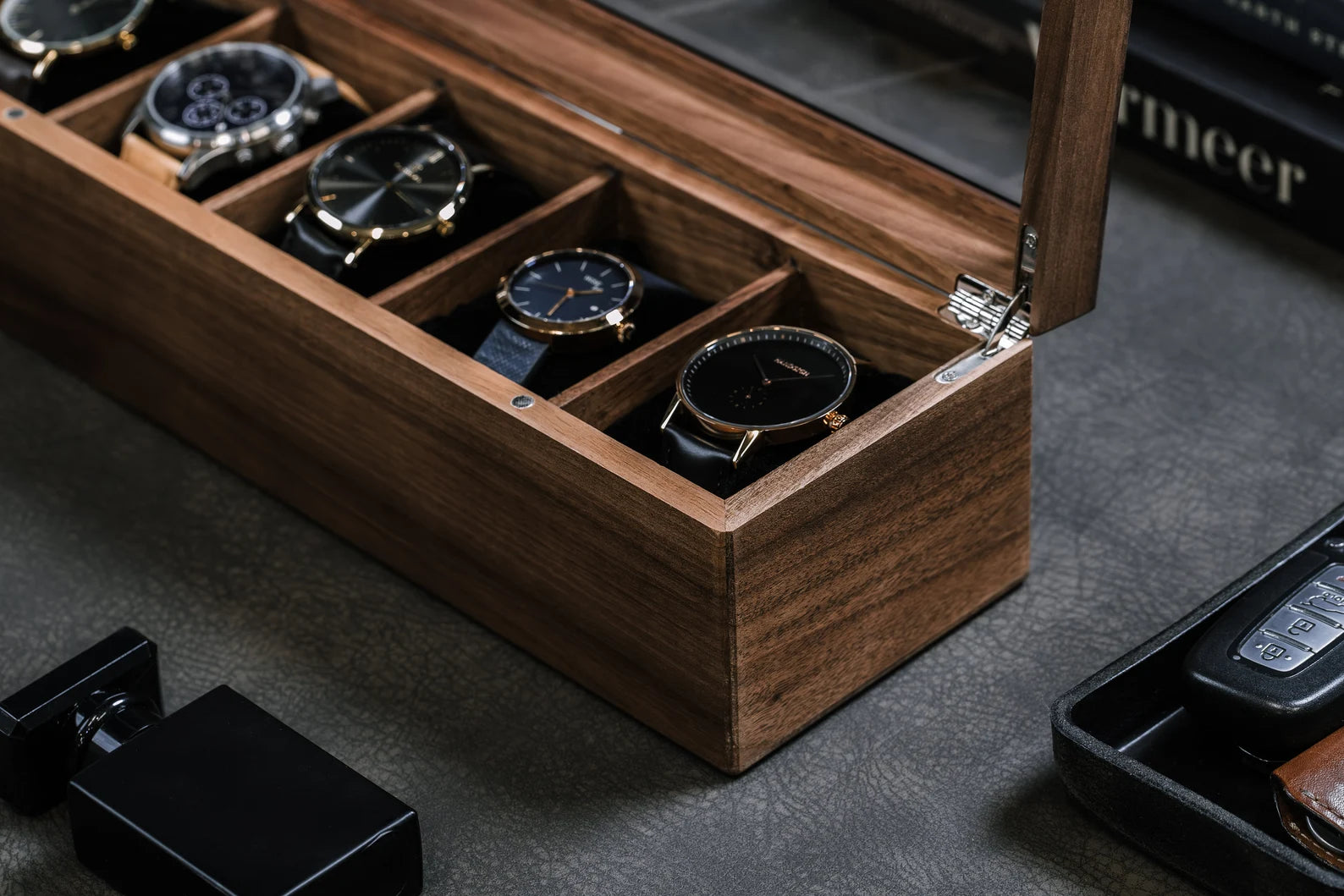 Wide Walnut Wood Watch Box (D5) | Modern Men’s Watch Organizer Gift