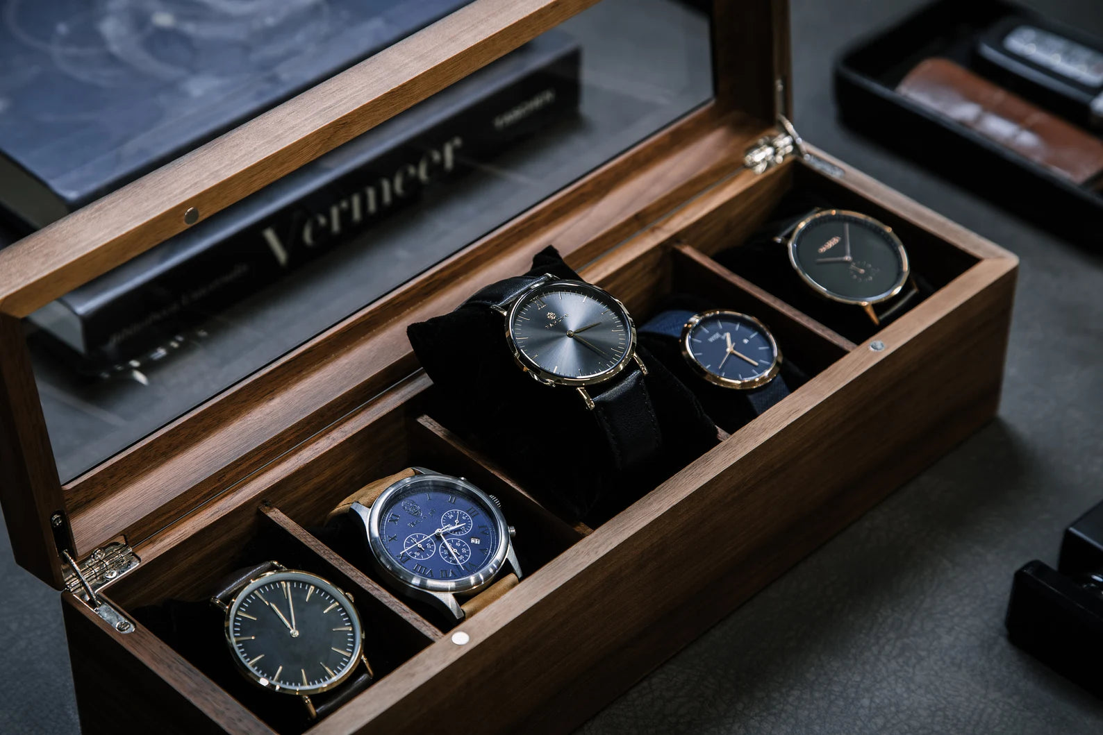 Wide Walnut Wood Watch Box (D5) | Modern Men’s Watch Organizer Gift