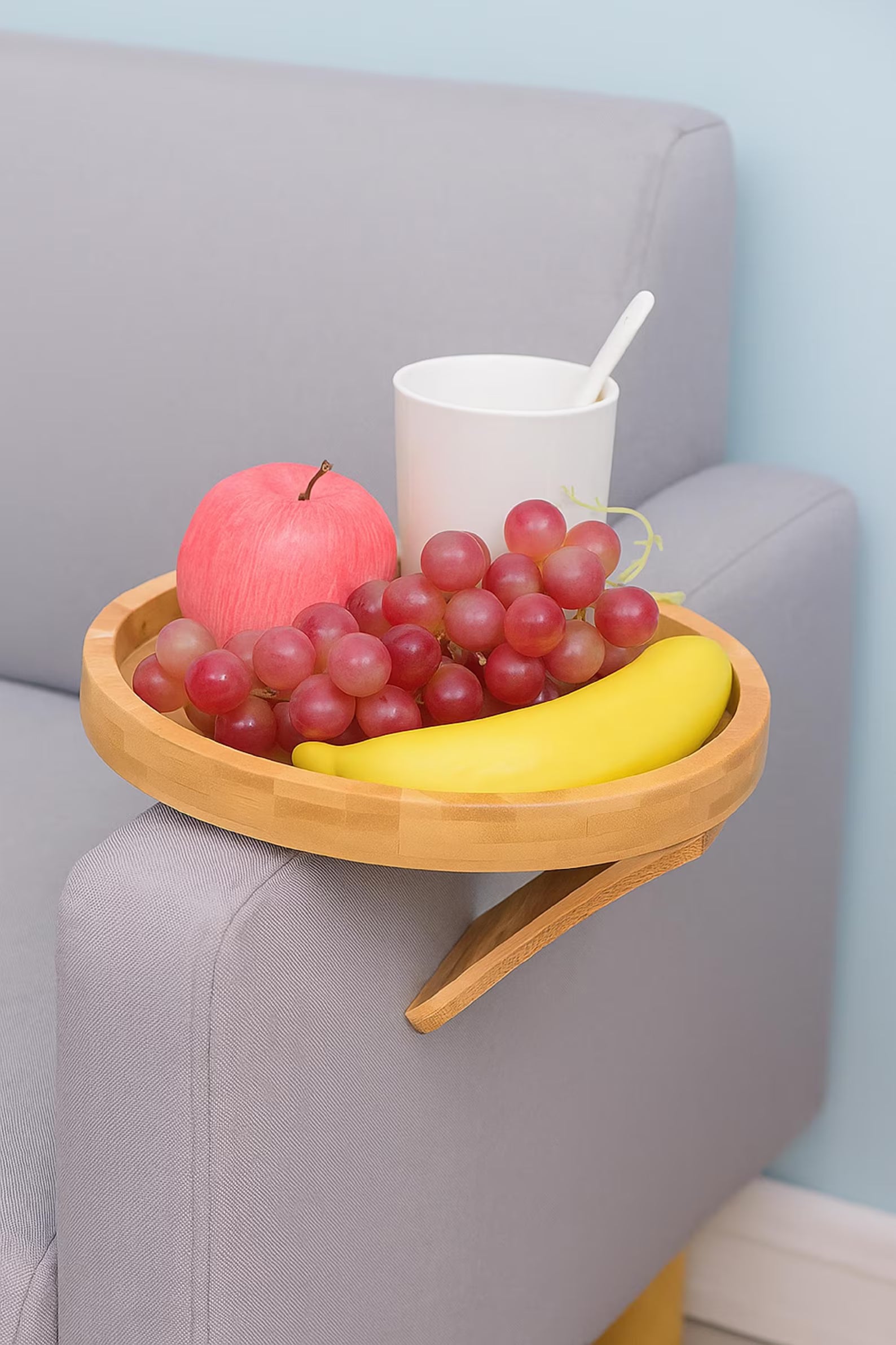 Round Wooden Sofa Tray Table – Couch Armrest Organizer for Drinks, Snacks & Remote | Foldable Wood Sofa Table