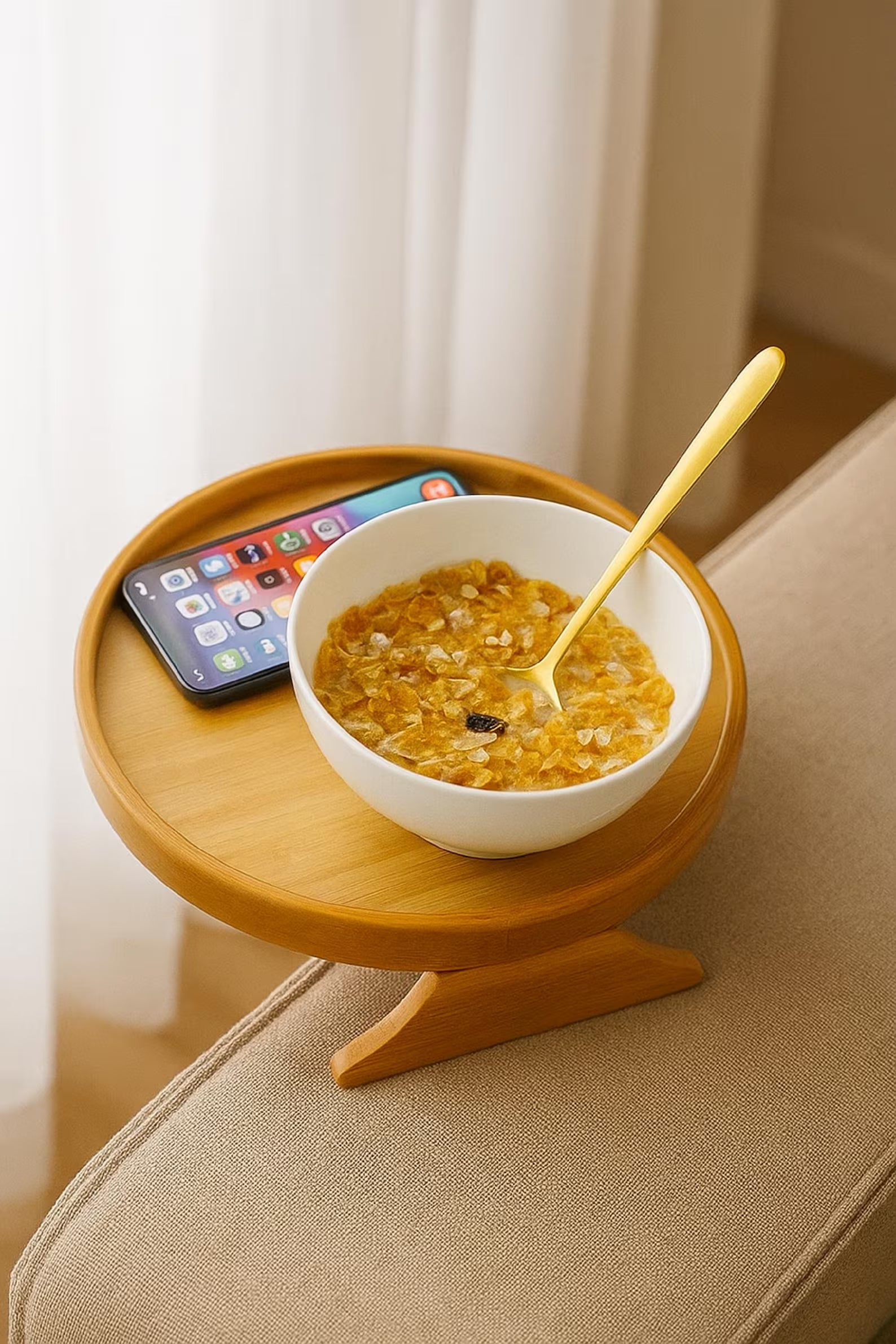 Round Wooden Sofa Tray Table – Couch Armrest Organizer for Drinks, Snacks & Remote | Foldable Wood Sofa Table