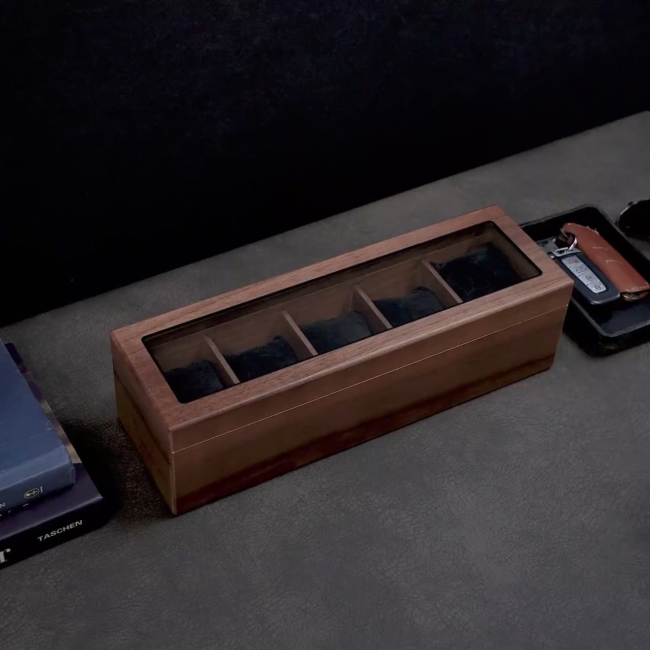 Wide Walnut Wood Watch Box (D5) | Modern Men’s Watch Organizer Gift