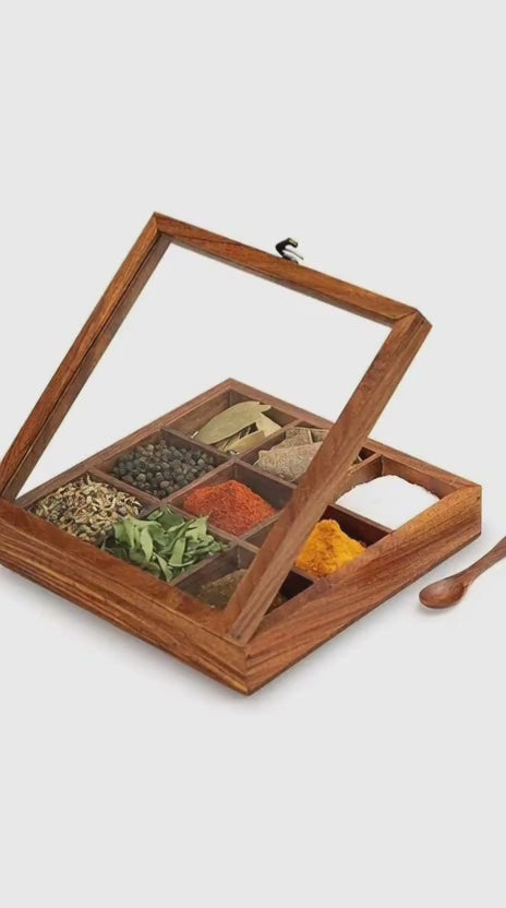Premium Wooden Spice Box with Spoon | Handcrafted Masala Box for Kitchen